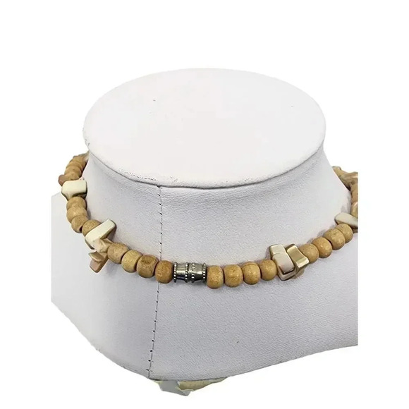 Moonstone Pendant – Wood Beads Necklace – 14 inch Necklace – Closed - Picture 4 of 5